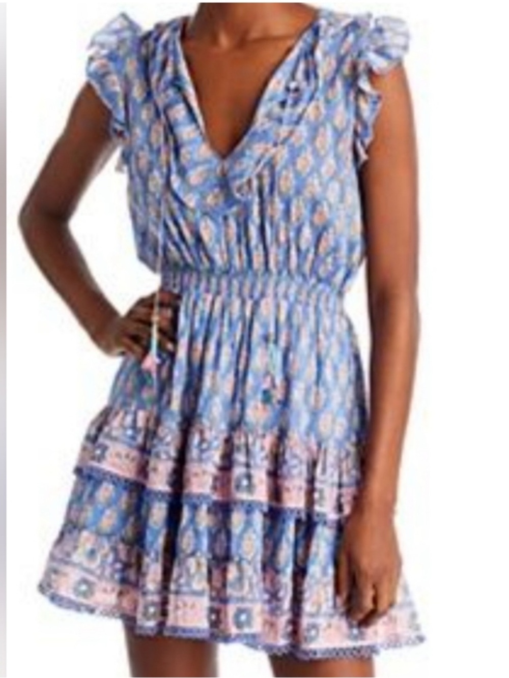 Bell by Alicia Bell Rebecca Floral Print Ruffle Dress Silk Blend Blue Size L